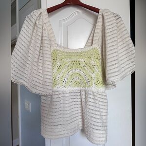 Sarah Hann Cream and Green Crochet Beach Top